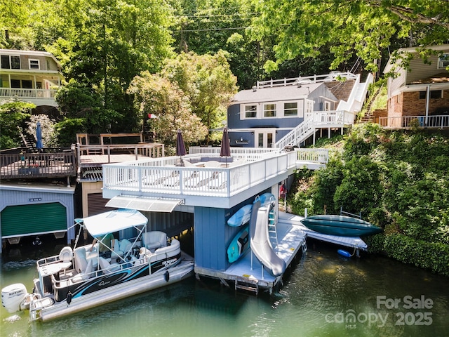 174 Ridge Rd, Lake Lure, NC 28746 - dock area with a water view, stairs, and boat lift