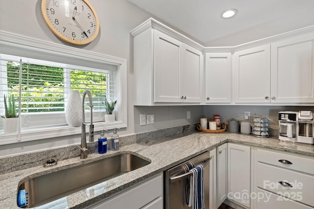 174 Ridge Rd, Lake Lure, NC 28746 - kitchen featuring dishwasher, white cabinets, light stone counters, and recessed lighting