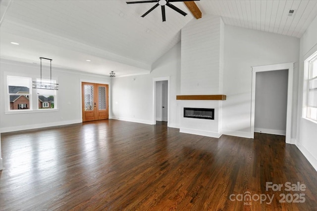 115 Augusta Ln, Shelby, NC 28150 - unfurnished living room with ceiling fan, a fireplace, dark wood-style flooring, baseboards, and beamed ceiling