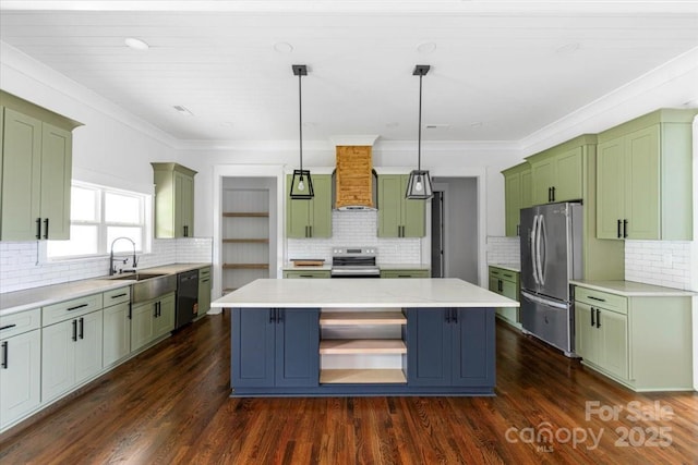 115 Augusta Ln, Shelby, NC 28150 - kitchen with stainless steel appliances, custom exhaust hood, a center island, a sink, and decorative backsplash