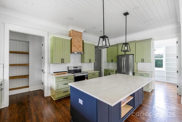 115 Augusta Ln, Shelby, NC 28150 - kitchen with stainless steel appliances, green cabinetry, a center island, tasteful backsplash, and wooden ceiling