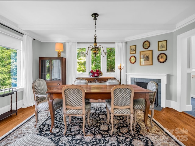 287 Pacolet Ridge Ln, Tryon, NC 28782 - dining space with crown molding, wood finished floors, a fireplace with flush hearth, and a chandelier