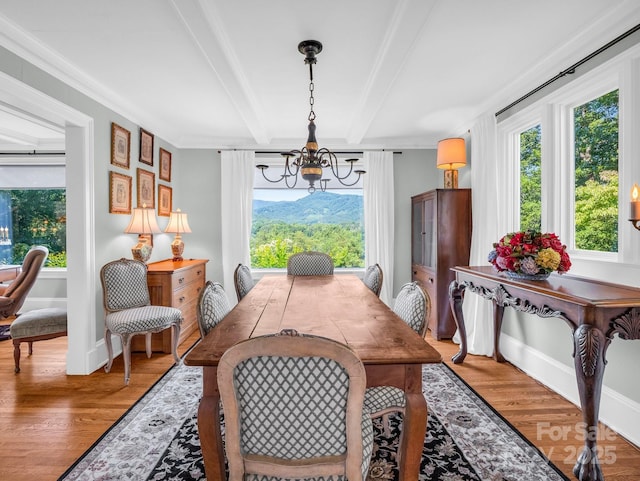 287 Pacolet Ridge Ln, Tryon, NC 28782 - dining room with a chandelier, beamed ceiling, and light wood-style flooring