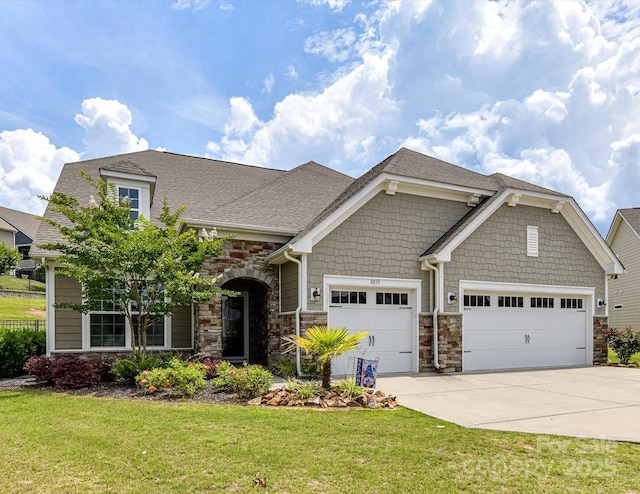 8035 Pastime Ln, Clover, SC 29710 - craftsman inspired home featuring a garage, concrete driveway, stone siding, a front lawn, and a shingled roof