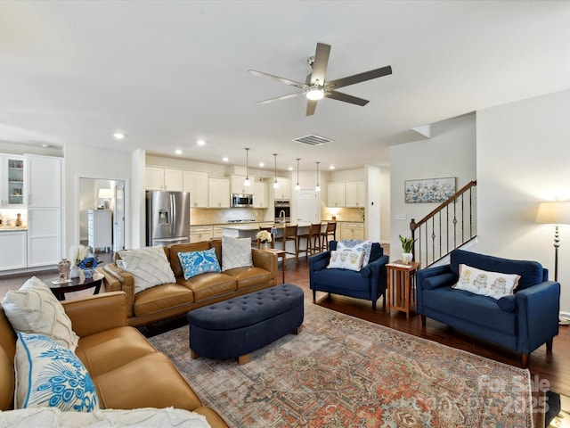 8035 Pastime Ln, Clover, SC 29710 - living area featuring a ceiling fan, wood finished floors, stairs, and recessed lighting