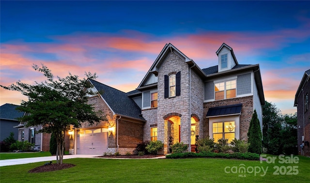 11313 Limehurst Pl, Charlotte, NC 28278 - view of front facade with stone siding, a yard, a garage, and driveway