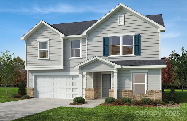 2021 Indian Trail Fairview Rd, Indian Trail, NC 28079 - view of front facade featuring brick siding, a garage, a shingled roof, concrete driveway, and a front yard