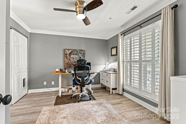 860 Jetton St Unit 59, Davidson, NC 28036 - office featuring a ceiling fan, plenty of natural light, ornamental molding, and light wood-type flooring