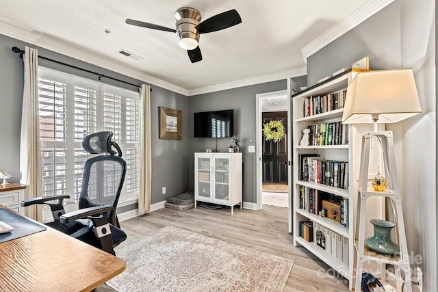 860 Jetton St Unit 59, Davidson, NC 28036 - home office with ceiling fan, ornamental molding, and wood finished floors