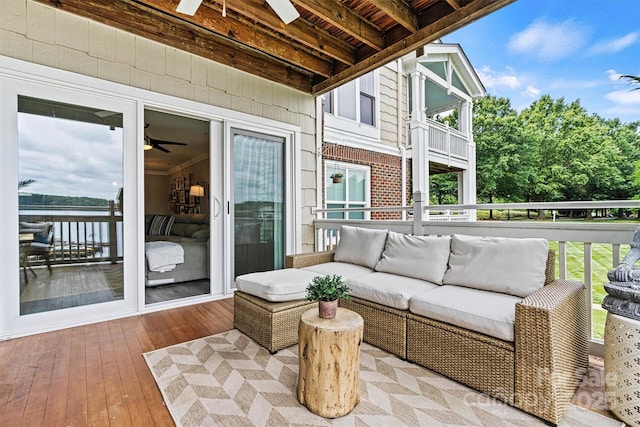 860 Jetton St Unit 59, Davidson, NC 28036 - wooden terrace featuring a ceiling fan and an outdoor hangout area
