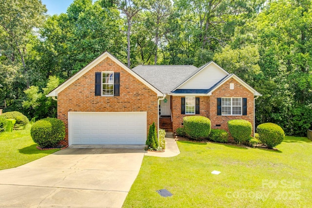 1 Loggerhead Dr, Columbia, SC 29229 - view of front of house featuring brick siding, concrete driveway, a front yard, a garage, and a shingled roof