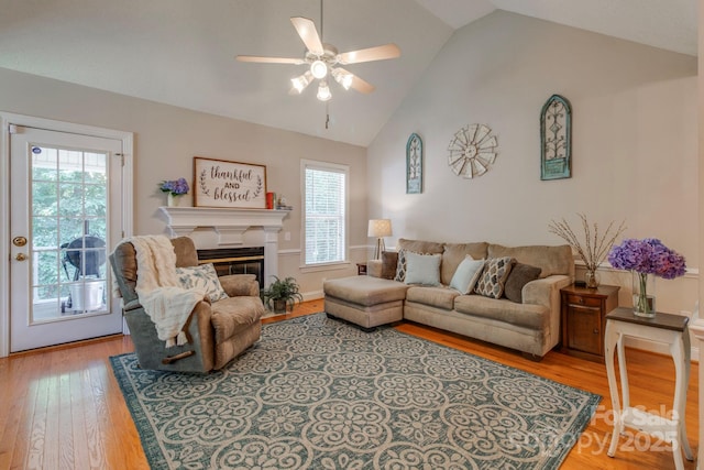 1 Loggerhead Dr, Columbia, SC 29229 - living area featuring healthy amount of natural light, ceiling fan, wood finished floors, a glass covered fireplace, and high vaulted ceiling