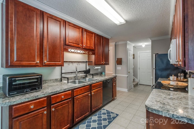 1 Loggerhead Dr, Columbia, SC 29229 - kitchen with black dishwasher, ornamental molding, a sink, white microwave, and light tile patterned floors