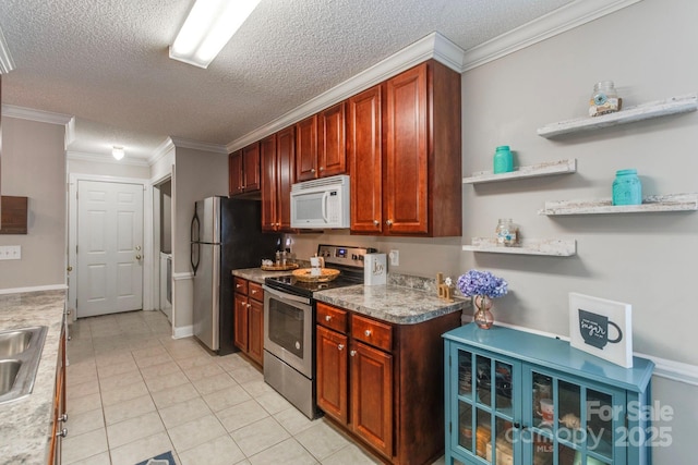 1 Loggerhead Dr, Columbia, SC 29229 - kitchen featuring stainless steel appliances, a textured ceiling, light tile patterned floors, ornamental molding, and open shelves