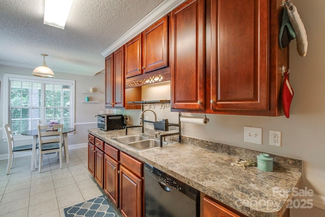1 Loggerhead Dr, Columbia, SC 29229 - kitchen with a sink, black dishwasher, a textured ceiling, light tile patterned flooring, and baseboards