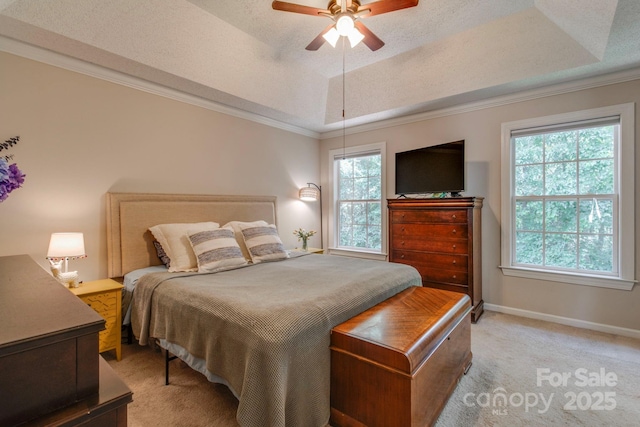 1 Loggerhead Dr, Columbia, SC 29229 - bedroom featuring a tray ceiling, light colored carpet, ornamental molding, baseboards, and ceiling fan