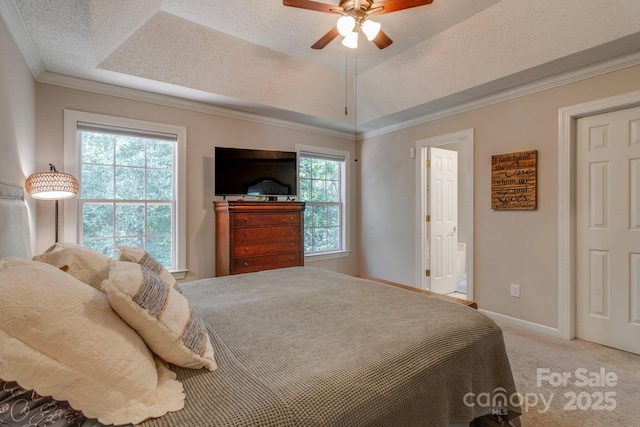 1 Loggerhead Dr, Columbia, SC 29229 - bedroom with carpet flooring, a tray ceiling, baseboards, ensuite bath, and crown molding