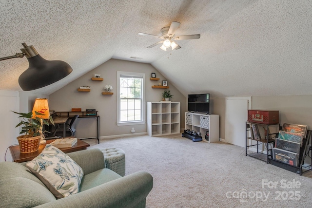 1 Loggerhead Dr, Columbia, SC 29229 - carpeted living room featuring a textured ceiling, a ceiling fan, lofted ceiling, and baseboards