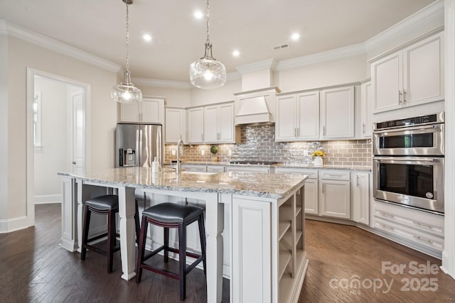 12410 Franklin Park Ln, Huntersville, NC 28078 - kitchen with stainless steel appliances, open shelves, dark wood finished floors, decorative backsplash, and custom exhaust hood