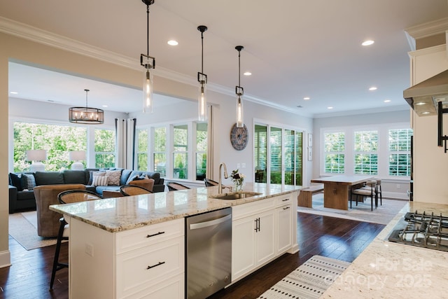 15103 Cimarron Hills Ln, Charlotte, NC 28278 - kitchen with stainless steel appliances, a sink, healthy amount of natural light, light stone countertops, and recessed lighting