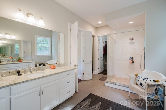 15103 Cimarron Hills Ln, Charlotte, NC 28278 - full bathroom with a stall shower, vanity, tile patterned floors, and recessed lighting