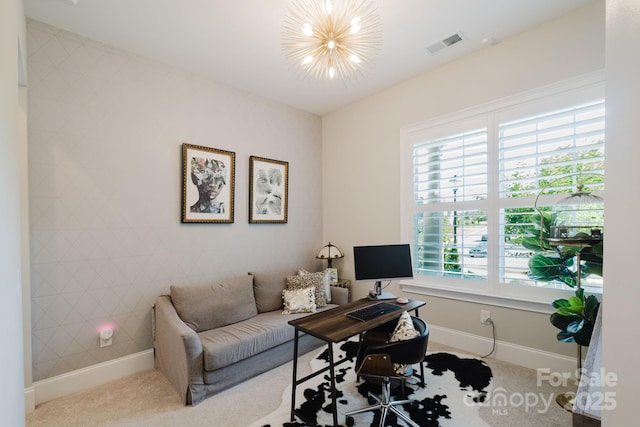 15103 Cimarron Hills Ln, Charlotte, NC 28278 - carpeted home office with a chandelier and baseboards