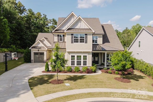 15103 Cimarron Hills Ln, Charlotte, NC 28278 - craftsman-style home with a standing seam roof, roof with shingles, driveway, a front yard, and a porch