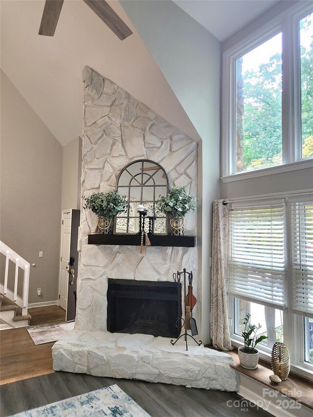27092 Village Dr, Tega Cay, SC 29708 - detailed view of wood finished floors and a stone fireplace