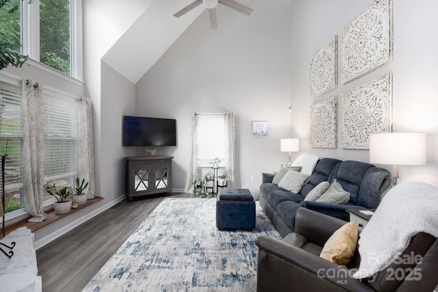 27092 Village Dr, Tega Cay, SC 29708 - living area featuring high vaulted ceiling, plenty of natural light, ceiling fan, and wood finished floors