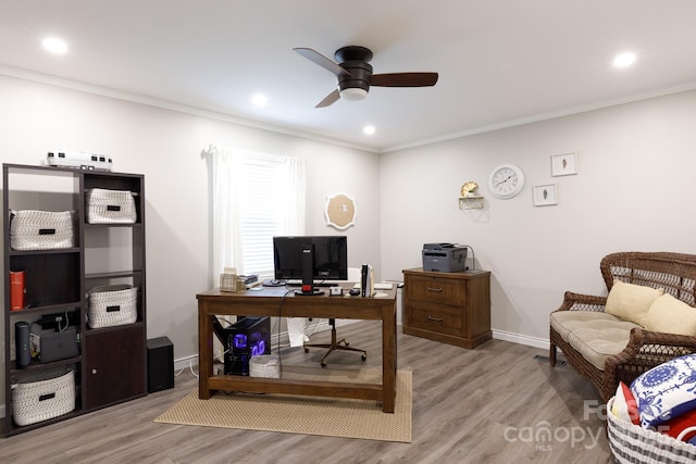 27092 Village Dr, Tega Cay, SC 29708 - home office featuring a ceiling fan, wood finished floors, ornamental molding, and recessed lighting