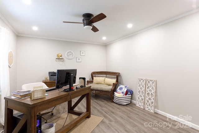 27092 Village Dr, Tega Cay, SC 29708 - home office with ceiling fan, light wood finished floors, ornamental molding, and recessed lighting