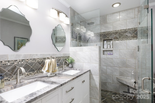 27092 Village Dr, Tega Cay, SC 29708 - bathroom with walk in shower, crown molding, and double vanity