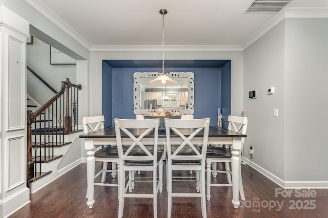 2606 Cheverny Pl, Concord, NC 28027 - dining space with stairs, wood finished floors, and crown molding