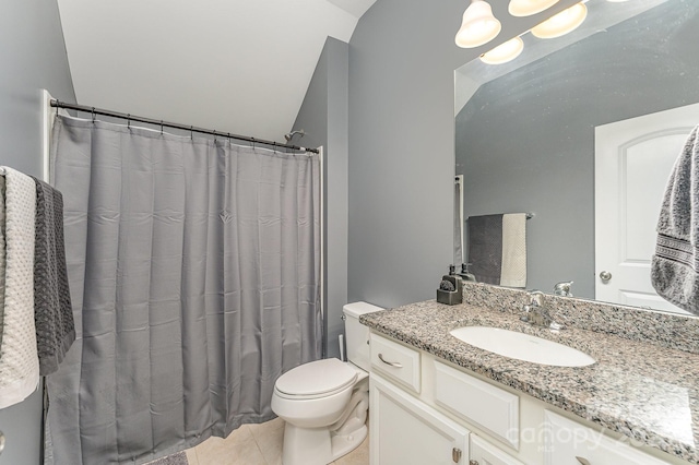 2606 Cheverny Pl, Concord, NC 28027 - bathroom featuring vanity, tile patterned floors, lofted ceiling, and a shower with curtain