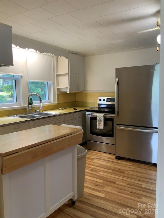 1721 9th Ave NE, Hickory, NC 28601 - kitchen featuring appliances with stainless steel finishes, a sink, wood counters, light wood-style flooring, and open shelves