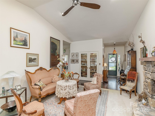 12 Country Meadows Ln, Hendersonville, NC 28792 - living area featuring a ceiling fan and vaulted ceiling