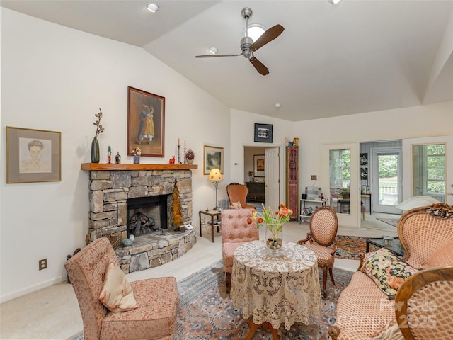 12 Country Meadows Ln, Hendersonville, NC 28792 - carpeted living area featuring lofted ceiling, ceiling fan, and a stone fireplace