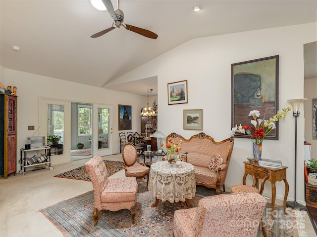 12 Country Meadows Ln, Hendersonville, NC 28792 - carpeted living room with vaulted ceiling, a chandelier, and a ceiling fan