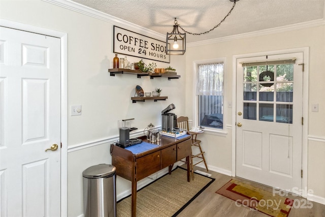 503 Crowfields Ln, Asheville, NC 28803 - home office with wood finished floors, a textured ceiling, and crown molding