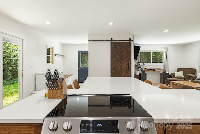 487 Duncan Creek Rd, Fletcher, NC 28732 - kitchen with stainless steel electric stove, a barn door, open floor plan, recessed lighting, and light countertops