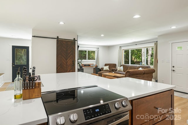 487 Duncan Creek Rd, Fletcher, NC 28732 - kitchen featuring stainless steel electric stove, a barn door, healthy amount of natural light, open floor plan, and recessed lighting