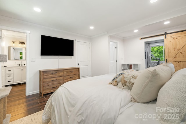 487 Duncan Creek Rd, Fletcher, NC 28732 - bedroom with dark wood finished floors, crown molding, a barn door, recessed lighting, and access to outside