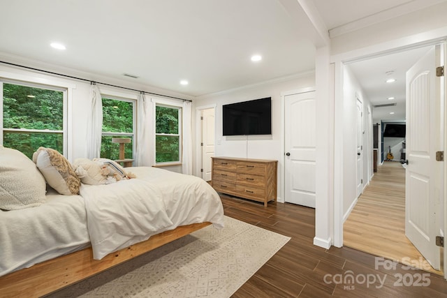 487 Duncan Creek Rd, Fletcher, NC 28732 - bedroom with crown molding, dark wood-style flooring, and recessed lighting