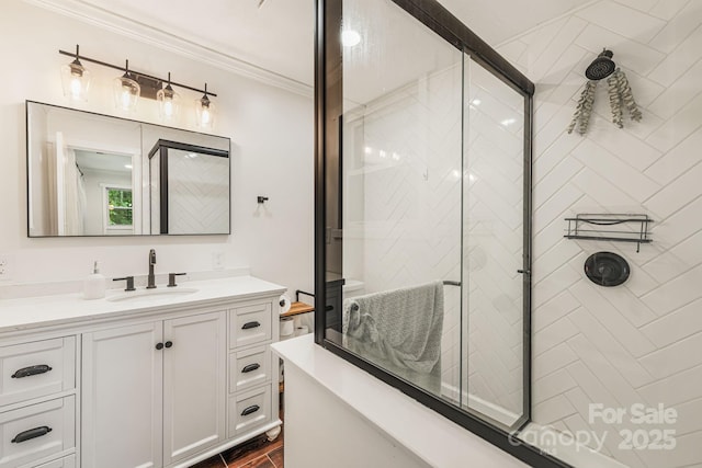 487 Duncan Creek Rd, Fletcher, NC 28732 - bathroom featuring a shower stall, vanity, and crown molding