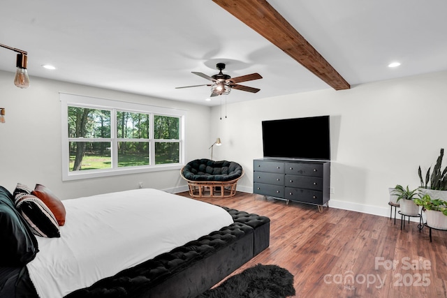 316 Wade Hampton Dr, Matthews, NC 28104 - bedroom featuring wood finished floors, beam ceiling, baseboards, recessed lighting, and ceiling fan