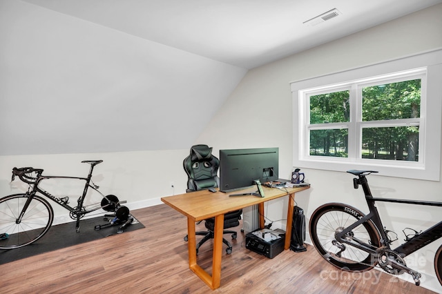 316 Wade Hampton Dr, Matthews, NC 28104 - office area featuring wood finished floors, lofted ceiling, and baseboards