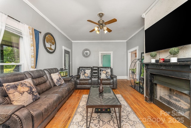 300 S Hudson Ave, Spencer, NC 28159 - living area featuring a ceiling fan, ornamental molding, light wood-type flooring, and a fireplace