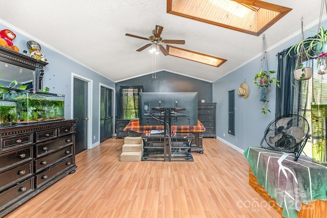 300 S Hudson Ave, Spencer, NC 28159 - dining area with a skylight, ceiling fan, vaulted ceiling, wood finished floors, and a textured ceiling