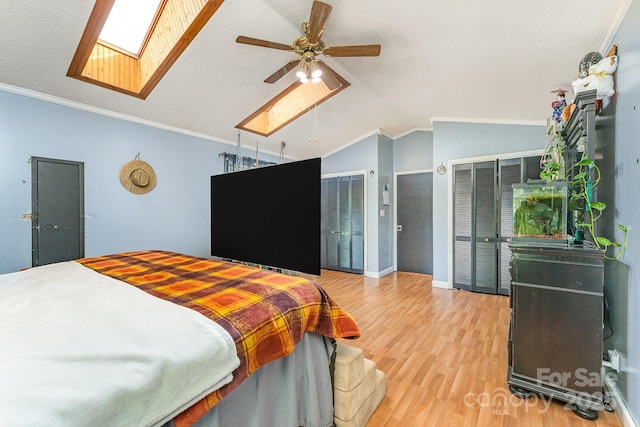 300 S Hudson Ave, Spencer, NC 28159 - bedroom with a skylight, lofted ceiling, light wood finished floors, a textured ceiling, and multiple closets