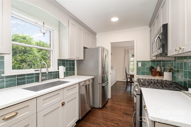 139 Palaside Dr NE, Concord, NC 28025 - kitchen with stainless steel appliances, decorative backsplash, ornamental molding, dark wood finished floors, and pendant lighting